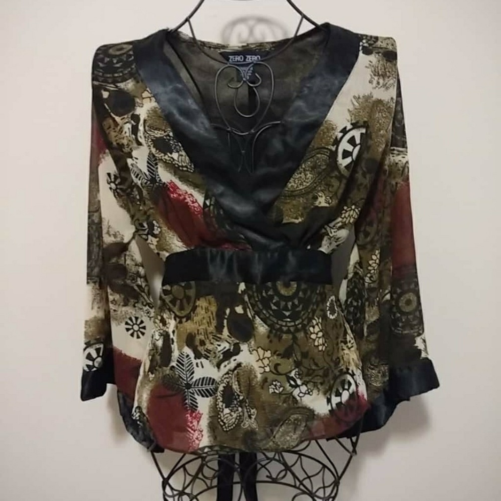 'Zero Zero' Esoteric Blouse Dark Red, Black & Ecru